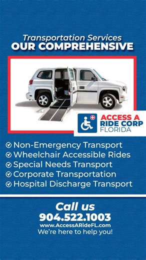  Safe, comfortable, and accessible transportation for every need. We provide non-emergency transport, wheelchair-accessible rides, special needs transportation, hospital discharge transport, and more.  Call us today: 904-522-1003  www.AccessARideFL.com Your comfort is our mission. - - - #accessaride #accessarideflorida #customerreviews #seniortransportation #disabilitysupport #trustedservice #florida | Access a Ride Florida | Facebook