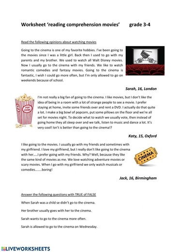 Reading comprehension movies worksheet