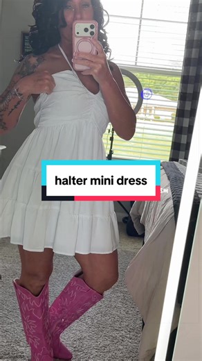This halter mini dress is cute, flowy, and makes getting dressed SO easy ✨ The open back and ruffle hem give it that flirty effortless vibe while still being comfy enough for all day wear ☀️ Perfect for vacation nights, brunch, concerts, beach dinners, or date night 💅🖤 Simple outfit… but she still eats every single time 😮‍💨 #halterdress #minidress #tiktokshopcreatorpicks #summerdress