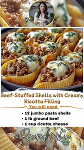 Beef-Stuffed Shells with Creamy Ricotta Filling Ingredients: 12 jumbo pasta shells 1 lb ground beef | Recipes sophia