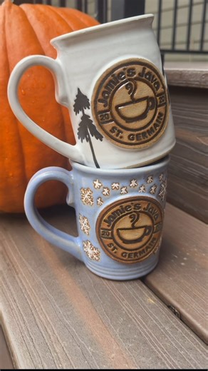 Lots of fun goes into making custom logo mugs! This is just a couple of the steps that happen during the glazing process. The liquid latex is SO satisfying to peel off. My favorite part of this process for sure. #pottery #custom #coffeemug #coffeeshop #logomug #create #ceramics #art #content #smallbusiness #fyp #viral #satisfying #northwoods #mug #snowy #winter #christmas | Peters Point Pottery