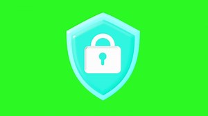 3D security shield icon with an animating padlock on a green screen. Cybersecurity concepts, data protection visuals, and chroma key projects.