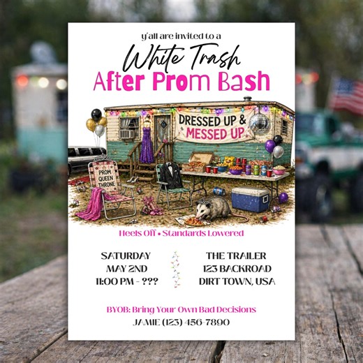 White Trash After Prom Invitation Template, Funny Redneck Prom Party Invite, Canva Editable - Etsy