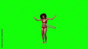 A woman wearing a bikini is using a hula hoop