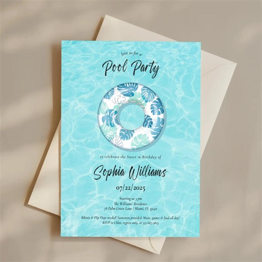 Sweet 16 Pool Party Invitation, Neon Tropical Summer Birthday Invite, Kids Swimming Party Celebration (digital Download) - Etsy