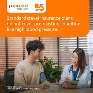 Buy Income's Enhanced PreX Per-trip Travel Insurance to get comprehensive coverage for pre-existing medical conditions such as high blood pressure. Don't let your pre-existing medical conditions limit your travel adventures. Enjoy 15%^ off from now till 26 Aug 2025 09:00 hrs! Enjoy the below benefits due to pre-existing medical conditions such as diabetes, heart conditions and high blood pressure on your travels. Don't let your pre-existing medical conditions limit your travel adventures. ✔️ Up 