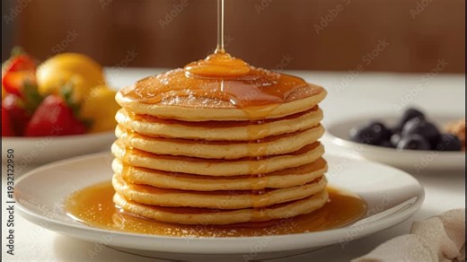 Fluffy pancake stack breakfast with maple syrup drizzle and fresh fruit morning stack