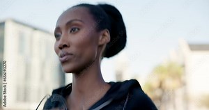Running, morning and a black woman for fitness in the street for cardio, sports or a marathon. Park, health and an African runner or female athlete with wellness, exercise or training for a race