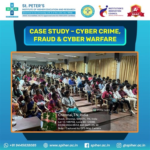 The Centre of Skill Development hosted an insightful cybersecurity workshop titled "Case Study – Cyber Crime, Fraud & Cyber Warfare" on February 6, 2024, at the Mechanical Block Seminar Hall. Attendees learned to navigate the evolving landscape of cybersecurity and boost their digital resilience. #CyberSecurityWorkshop #SkillDevelopment #CyberCrime #FraudPrevention #StayCyberSafe #SPIHER #NAAC #highereducation #Stpeters #College #University #Artsandscience #management | St.Peter's Institute of H