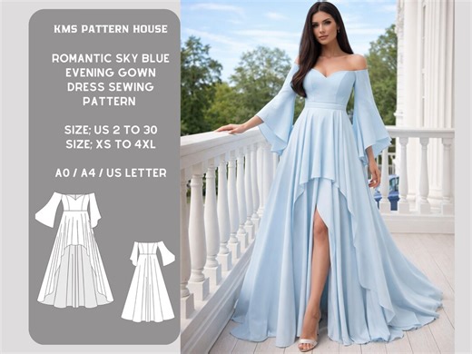 Sky Blue Evening Gown Sewing Pattern, off the Shoulder Maxi Dress (PDF Pattern) - Etsy