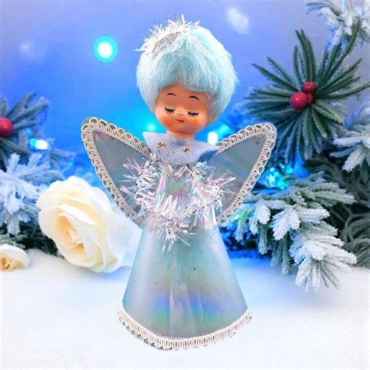 Vintage 1960s Blue Hair Angel Tree Topper • Iridescent Gown and Wings • Tinsel Halo & Trim • Mid Century Christmas - Etsy UK