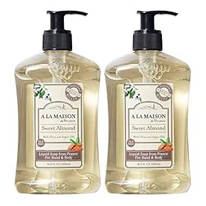 A LA MAISON Sweet Almond French Liquid Hand Soap - Natural Hand Wash Made with Essential Oils - Biodegradable, Plant-Based, Vegan, Cruelty-Free, Alcohol & Paraben Free (16.9 oz, 2 Pack)