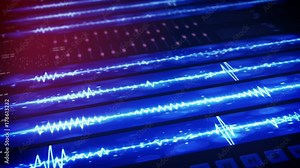 Digital audio waves on computer display. Abstract audio technology concept. Computer designed seamless loop animation with DOF 4k UHD (3840x2160)