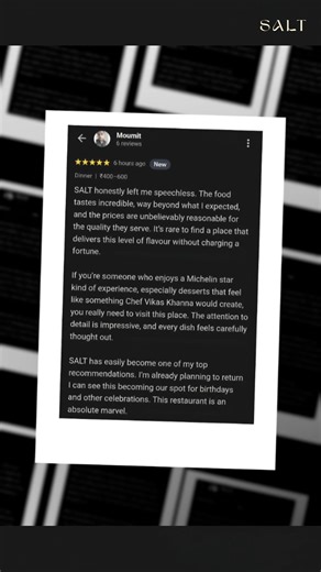 Salt Siliguri on Instagram: "From a single review to a full-blown experience ✨ SALT didn’t just serve a meal, it served wow, warmth, and a Michelin-style moment on a plate. From ambience to dessert, every frame speaks of craft, care, and unforgettable taste. 🍽💛 #saltrestaurant #foodreviewreel #michelinmoment #foodwithfeelings #ambiencelovers #dessertgoals #servicewithasoul #finediningvibes #restaurantreels #foodieexperience #tablemoments #reelstorytelling #foodloversindia #siliguri #instagood 