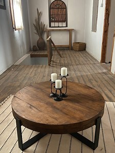 Rustic Round Wood Coffee Table – Thick Oak Top With Wrought Iron Base - Etsy