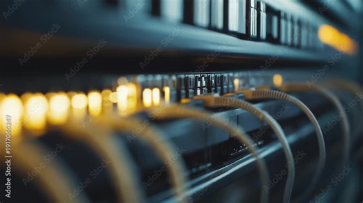 Blade server blade densely packed in a high density data center with network cables and glowing status leds, highlighting connectivity, fiber and computing infrastructure power