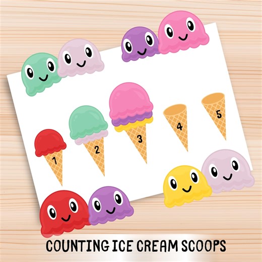 Ice Cream Counting Printable 1 to 10 Preschool Math Worksheet Summer Activity Toddler Numbers Game Kindergarten Homeschool Digital Download