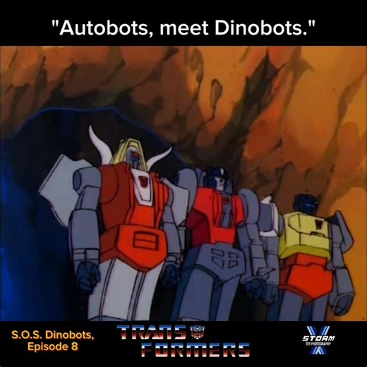 The origin of the Dinobots! Part 2. The Autobots begin building the Dinobots. Then we have a classic 80s montage behind the scenes, without the baby oil, and no one needlessly pushing a tire. Wheeljack and Ratchet introduce the Dinobots. Windcharger who speaks for the first time in 7 episodes is just delightful... The Autobots meet Dinobots, Grimlock (Tyrannosaurus Rex), Slag (Triceratops) and Sludge (Brontosaurus). Huffer makes a bad joke, only for it to be thrown back in his face. The Dinobots