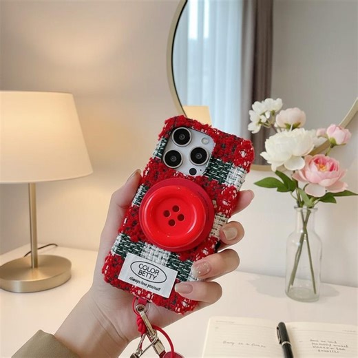 Korean Plaid Plush Magnetic Phone Case With Stand Strap for iPhone Models - Etsy
