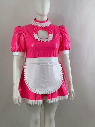 Lockable Sissy French Maid Dress Shiny PVC Turtleneck Short Sleeve Ruffled maid uniform 7598 #maid