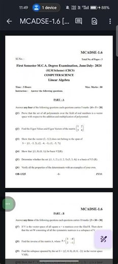 KARNATAKA STATE OPEN UNIVERSITY MCA CS SEM-1 LINEAR ALGEBRA QUESTION PAPER 2024