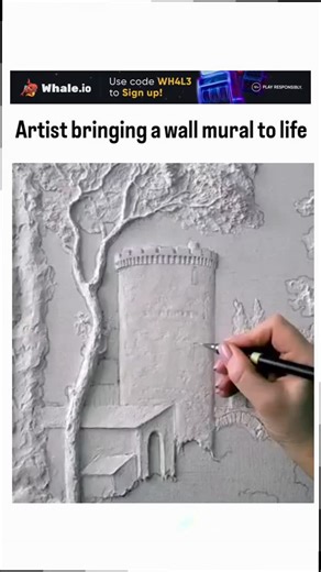 inavinate01 on Instagram: "The post features a 21-second time-lapse video of an artist sculpting a hyper-realistic bas-relief mural on a wall, depicting a stone tower with an archway and overhanging trees, using white plaster applied with brushes and a toothbrush for lifelike textures mimicking bark and masonry. This technique draws from historical trompe l'oeil methods, seen in ancient Roman frescoes and Renaissance murals, where layered stucco creates optical illusions of three-dimensional arc