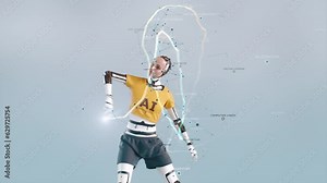 3D render with computer generated realistic AI female robot. Humanoid cyborg makes visual moves in futuristic metaverse cyberspace. Innovative sci-fi technologies with artificial intelligence concept.