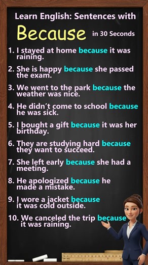 10 Simple “Because” Sentences | Learn English Grammar for Beginners | Speaking Tip