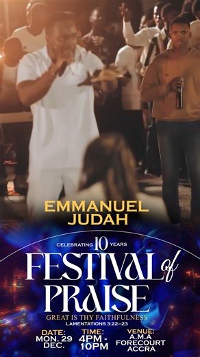 The Pent TV 10th anniversary celebration is reaching new heights! Join EMMANUEL JUDDAH at the Festival of Praise for a session of high-impact worship. 🎊🙏 Accra, are you ready for the glory? 🕊️ 📅 Dec 29 | 4:00 PM 📍 A.M.A. Forecourt, Accra 💸 FREE ENTRY! #FestivalofPraise | #PraiseDecember | #Penttvgh | PENT TV