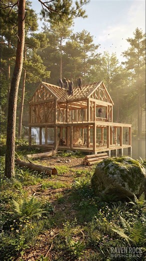 I Built a Grand Multi-Level Wooden Forest House Beside a Sunlit Lake #bushcraft #survival #shorts