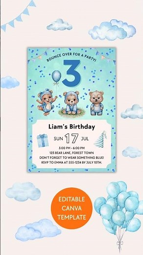 Editable Kids Birthday Party Invitation Template with Baby Bears