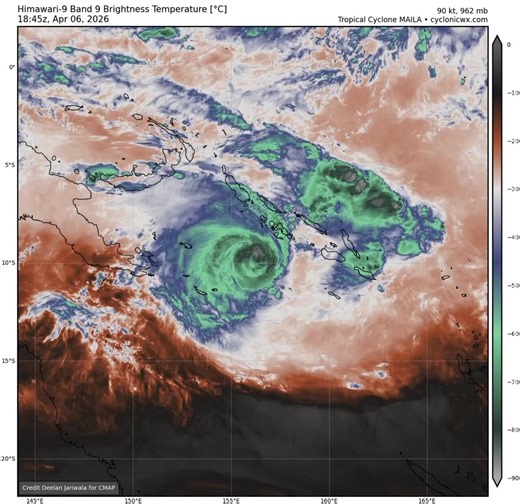 UPDATE: Cyclone Maila has attained CATEGORY 4 intensity, with winds of 145 MPH (233 kph) and a pressure of 924 MBAR.She has surpassed Cyclone Narelle as the most intense Australian Cyclone of 2026, and is now the closest South Pacific Category 4 to the equator in recorded history.