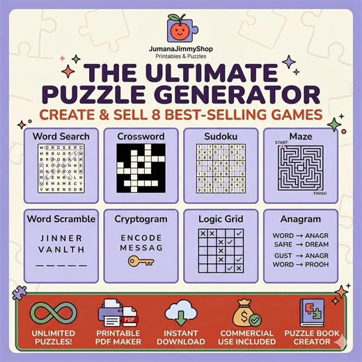 Unlimited Puzzle Generator – 8 Popular Puzzles | Word Search, Sudoku, Crossword Maker | Printable PDF | Commercial Use