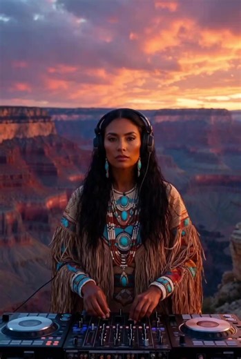 🔥 Ancient spirit meets heavy Tribal Techno at the Grand Canyon! 🌅 Beautiful Native American woman in full traditional ethnic regalia is absolutely destroying the decks with powerful tribal beats right on the edge at golden sunset 🔥 Culture nature fire bass = pure vibes 😍 Save this if it hit different ❤️ Comment 🔥 if you want more! What track next? #TribalTechno #GrandCanyon #NativeAmerican #IndigenousDJ #tribalvibes