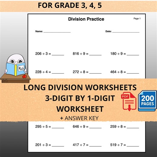 Esercizi di divisione lunga a 3 cifre per 1 cifra / 200 pagine di pratica (PDF) - Etsy Italia