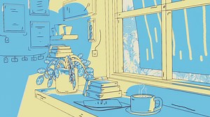 Download lo fi cartoon art interior loop animation, cozy relaxed atmosphere in front of an open window with a book and a cup of coffee for free