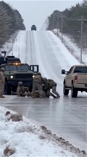 Military Panics, slips on ice