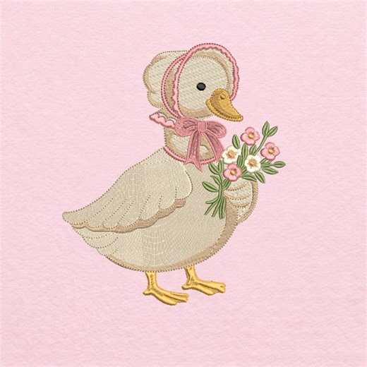 Vintage Duck Embroidery Design, Cute Duck with Bonnet and Flowers Embroidery File, Cottagecore Animal Embroidery, Spring Farm Design