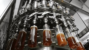 Automatic line for bottling drinks at the plant. Plastic bottles are automatically filled with liquid. Line for bottling drinks, water and lemonades at the plant. Beverage production plant.