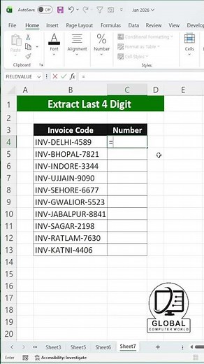 Extract Last 4 Digits from Invoice Code in Excel | Easy Formula Trick #excel ‪@GlobalComputerWorld‬