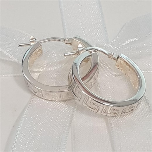 925 Sterling Silver Greek Key Pattern Hoop Earrings Made in Italy Medium Size - Etsy