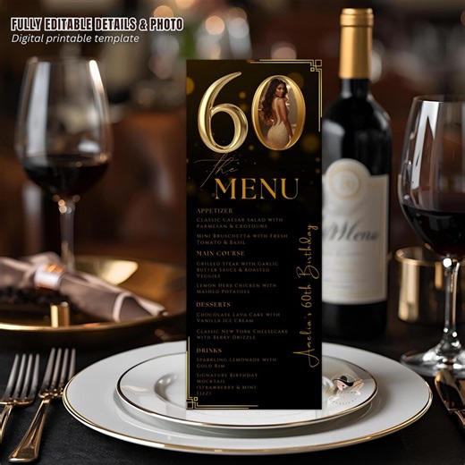 Editable 60th Birthday Party Menu Card, Black Gold Anniversary Menu, Elegant Dinner Menu With Photo, Printable Men and Woman Menu Template - Etsy