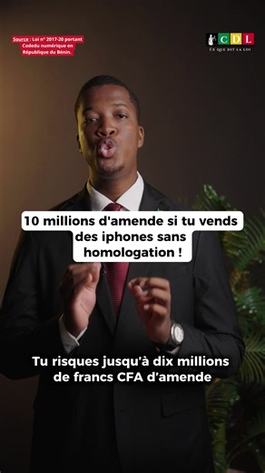🛑 10 millions d’amende pour avoir vendu des équipements non agréés ! Vendre ou importer des téléphones, modems ou routeurs sans certificat d'homologation est une infraction grave. L'article 262 du Code du numérique exige que tout appareil connecté soit validé par l'ARCEP pour garantir votre sécurité ⚖️. Découvrez tout sur #CeQueDitLaLoi pour rester en règle et éviter des sanctions lourdes allant jusqu'à 10 millions de francs CFA. 🚀 Ne vous laissez pas surprendre par le marché parallèle ! ✅Abon