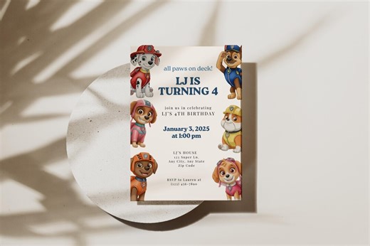 Paw Patrol Birthday Invitation | Editable Canva Template | Paw Patrol 4th Birthday Invite | Instant Download | All Paws on Deck Party - Etsy