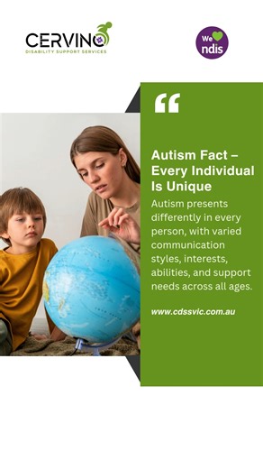 Every autistic person is unique. 💚 Autism presents differently for everyone, with individual strengths, communication styles and support needs across all ages. Understanding starts with respect. #AutismAwareness #Neurodiversity #NDIS #InclusiveSupport #DisabilitySupport #UnderstandingAutism | Cervino Disability Support Services