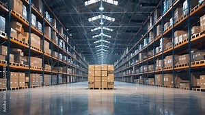 Autonomous robots transport pallet jacks loaded with boxes in a modern automated warehouse, showcasing advancements in logistics and efficiency within the industry