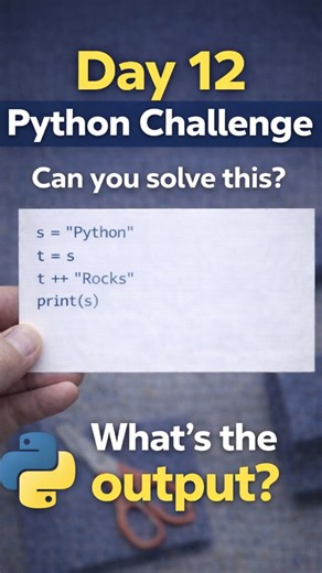 Codecraze on Instagram: "🧠💻 DAY 12 – PYTHON CHALLENGE! Think you really understand how Python works? Let’s test it 😏 Here’s today’s brain teaser 👇 We’re playing with variables, strings, and immutability in Python — and the output might NOT be what beginners expect! 📌 Can you figure out the output before checking the comments? No cheating. Real coders think first 😎 This is part of my “1 Python Question a Day” series to sharpen logic, improve coding skills, and master Python fundamentals ste