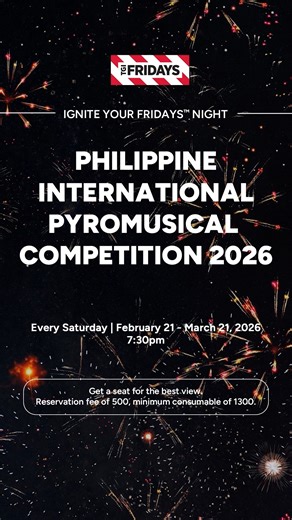 TGI Fridays Philippines on Instagram: "Dinner, drinks, and a sky full of color. 🌌 Reserve your seat for the Philippine International Pyromusical Competition — best viewed at TGI Friday’s. 📍Every Saturday | 7:30PM 🔗 Skip the line, reserve online at fridays.com.ph 🔗 Available for takeaway or delivery via https://tgifridays.bistrodelivers.com.ph. #TGIFridaysPH #ByTheBistroGroup"