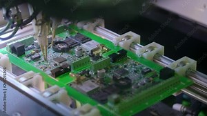 Electronic circuit board production. Automated Circut Board machine Produces Printed digital electronic board. Electronics contract manufacturing. Manufacture of electronic chips. High-tech.