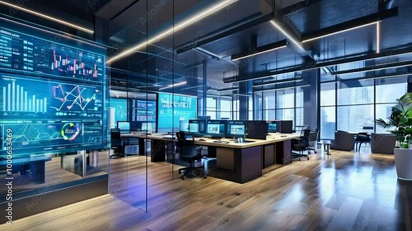 Modern office space with digital displays and workstations for data analysis.